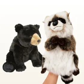 Black bear teddy and racoon puppet